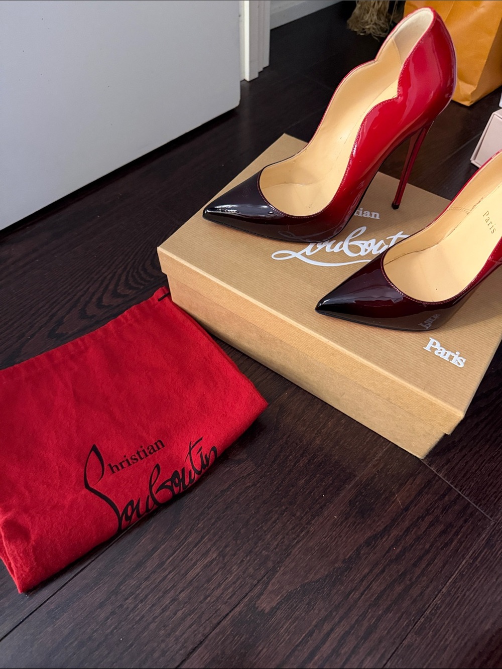 Christian Louboutin Red to Burgundy Patent Ombre Pointed Stiletto Pumps - Picture 6 of 6